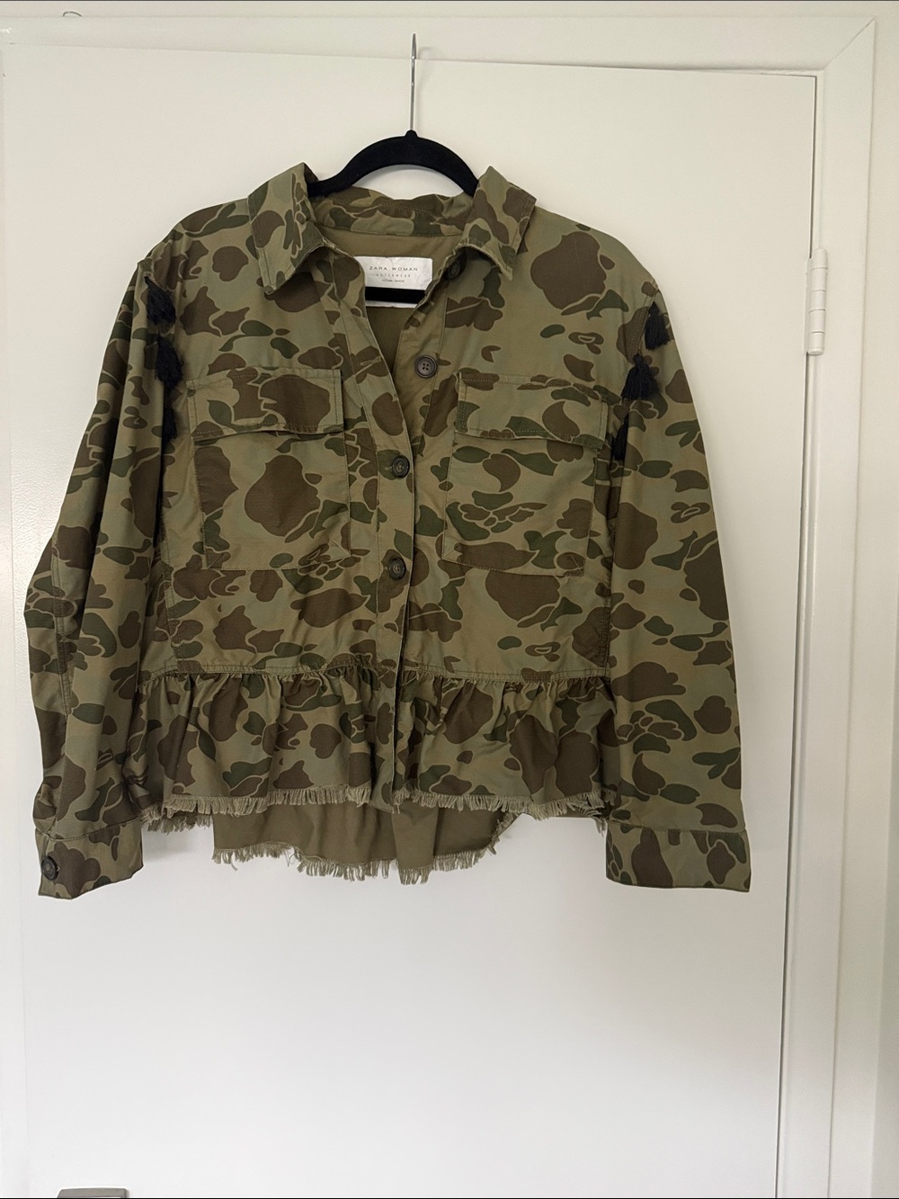 Zara Olive & Brown Camouflage Ruffle-Hem Utility Jacket